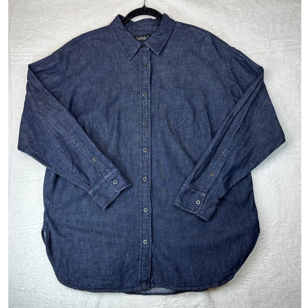Lauren Ralph Lauren Vintage Denim Shirt Womens 1X Blue Crest Button Down